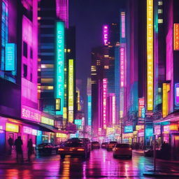 A cityscape at night with vibrant, neon lit buildings creating a mesmerizing backdrop.