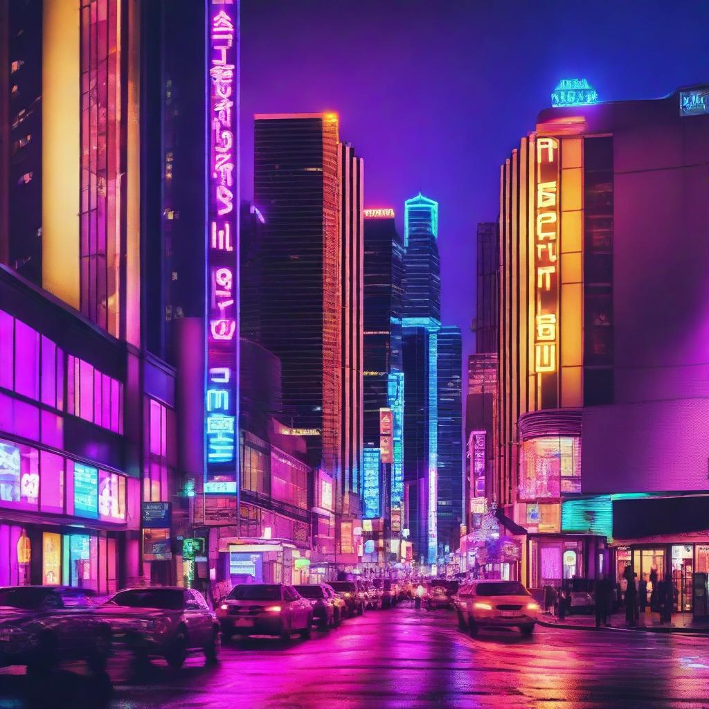 A cityscape at night with vibrant, neon lit buildings creating a mesmerizing backdrop.