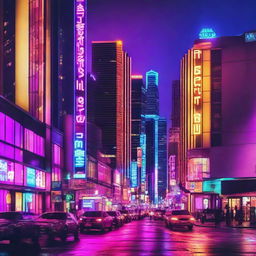 A cityscape at night with vibrant, neon lit buildings creating a mesmerizing backdrop.