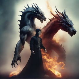 A mystical image of a human and dragon merged together, forming a unique creature that possesses characteristics of both.