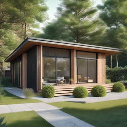 A single-story Scandinavian-style bungalow house with prefab designs featuring wood accents. The house is surrounded by a lush green garden.