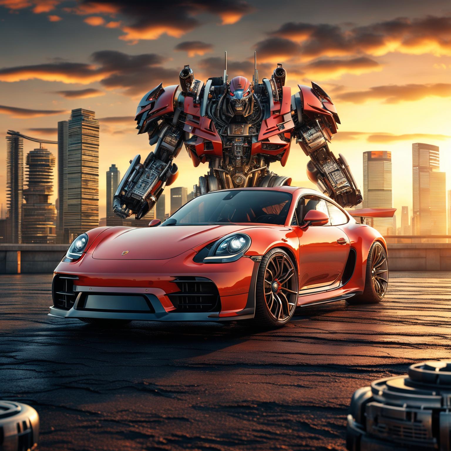 A 4K resolution digital art image showcasing a Porsche car as a Transformer