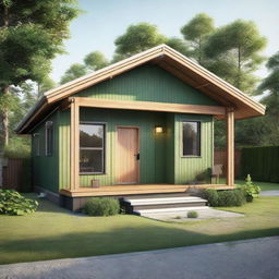 A single-story Scandinavian-style bungalow house with prefab designs featuring wood accents. The house is surrounded by a lush green garden.