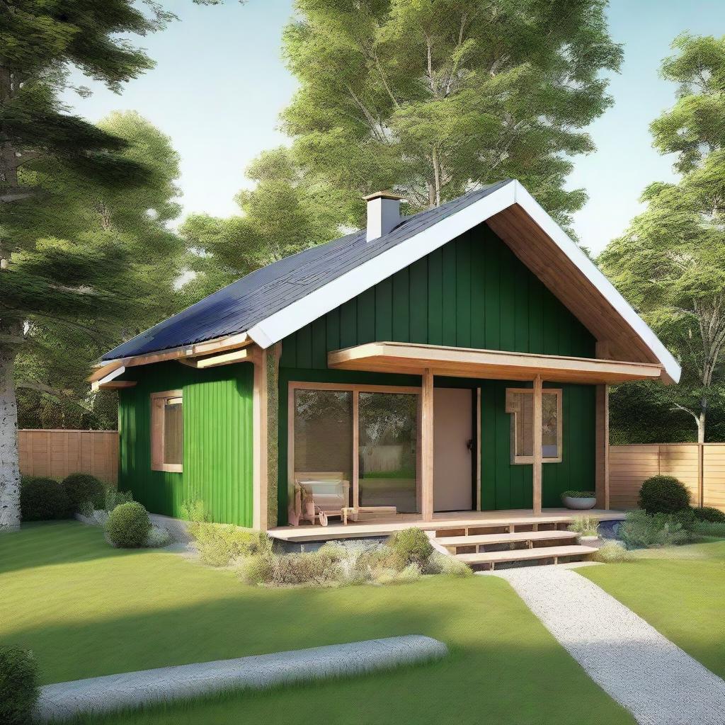 A single-story Scandinavian-style bungalow house with prefab designs featuring wood accents. The house is surrounded by a lush green garden.