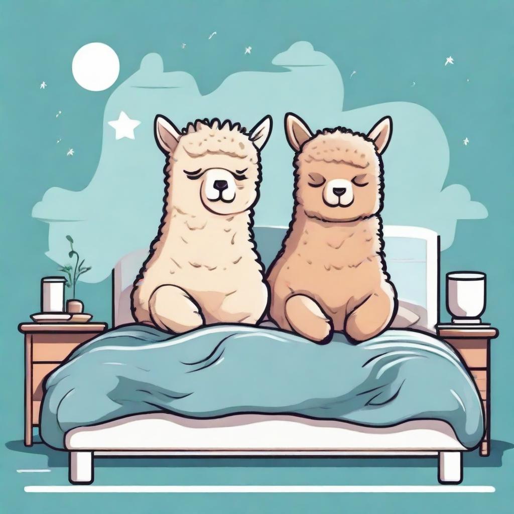 Create a charming and humorous illustration of a man and an alpaca sharing a peaceful sleep in a bed, particularly designed for print on t-shirts.