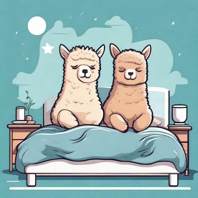 Create a charming and humorous illustration of a man and an alpaca sharing a peaceful sleep in a bed, particularly designed for print on t-shirts.