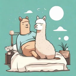 Create a charming and humorous illustration of a man and an alpaca sharing a peaceful sleep in a bed, particularly designed for print on t-shirts.