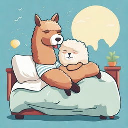 Create a charming and humorous illustration of a man and an alpaca sharing a peaceful sleep in a bed, particularly designed for print on t-shirts.