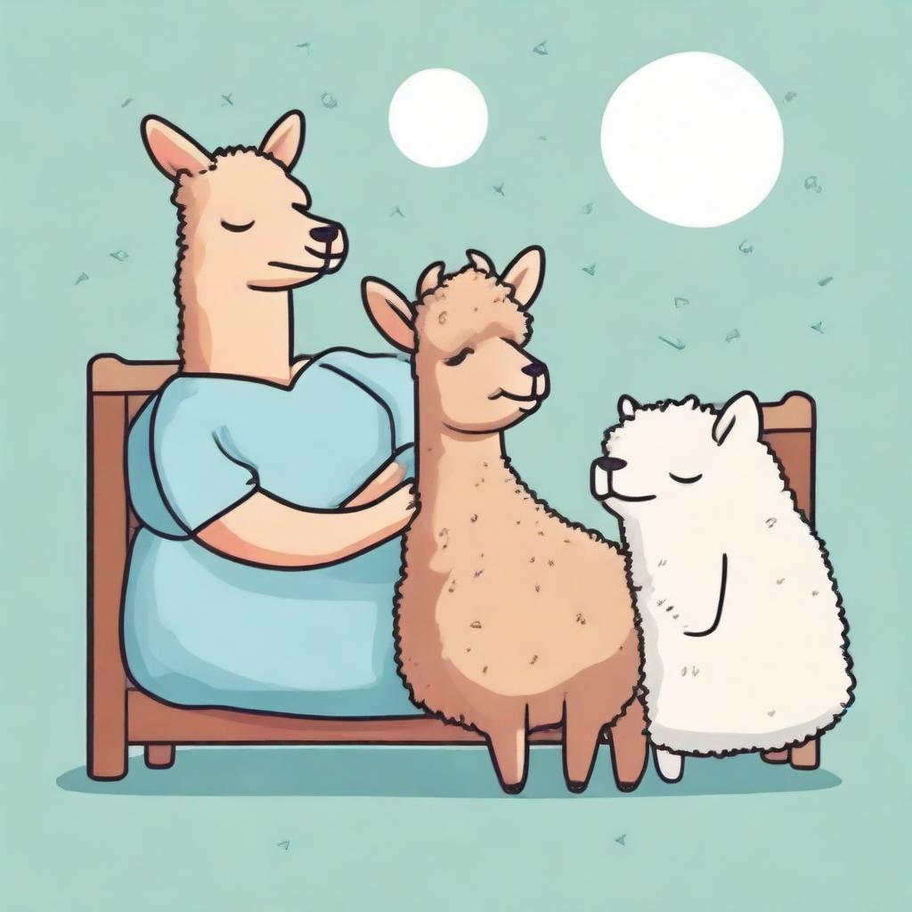 Create a charming and humorous illustration of a man and an alpaca sharing a peaceful sleep in a bed, particularly designed for print on t-shirts.