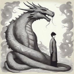 A fantastical being with the head of a human and the serpentine body of a dragon.