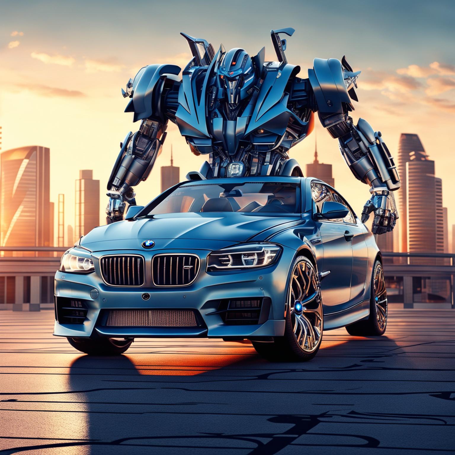 A 4K resolution digital art image showcasing a BMW car as a Transformer