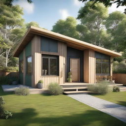 A single-story Scandinavian-style bungalow house with prefab designs featuring wood accents. The house is surrounded by a lush green garden.