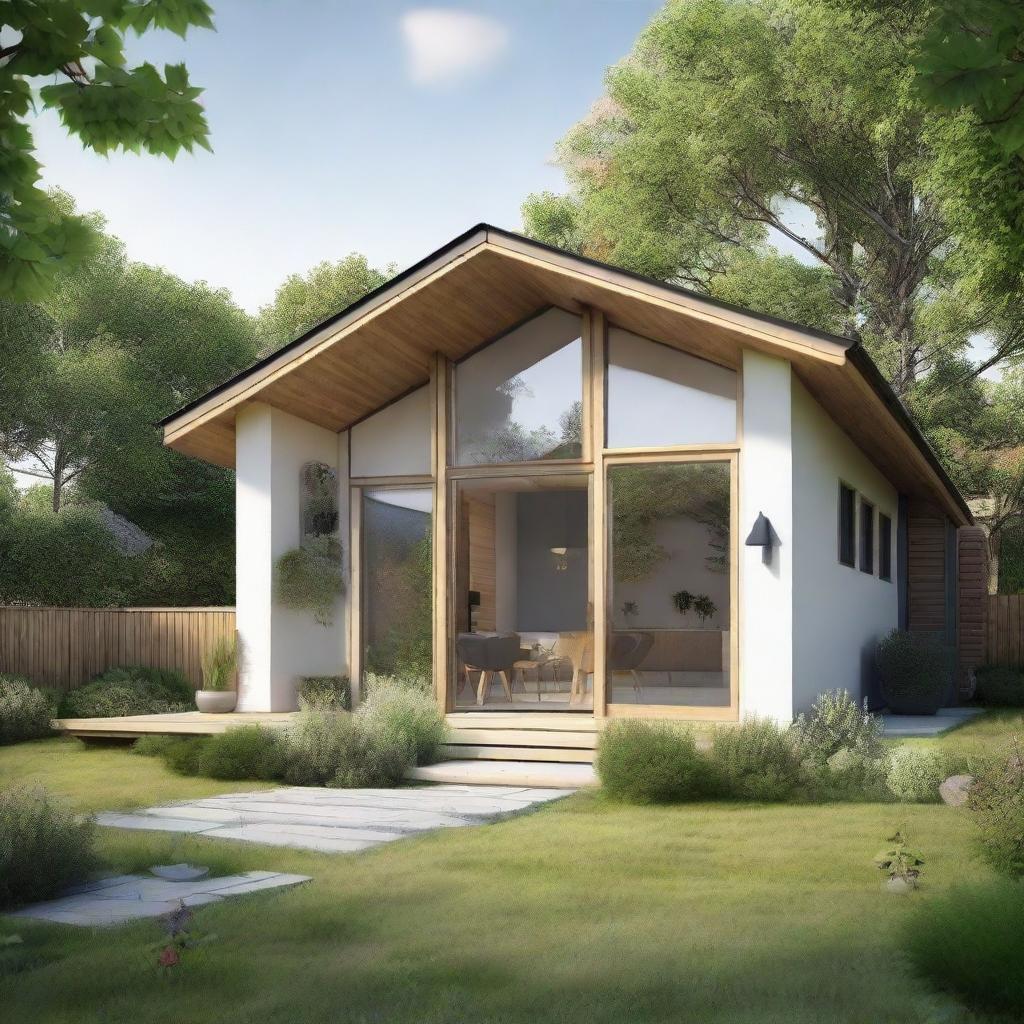 A single-story Scandinavian-style bungalow house with prefab designs featuring wood accents. The house is surrounded by a lush green garden.