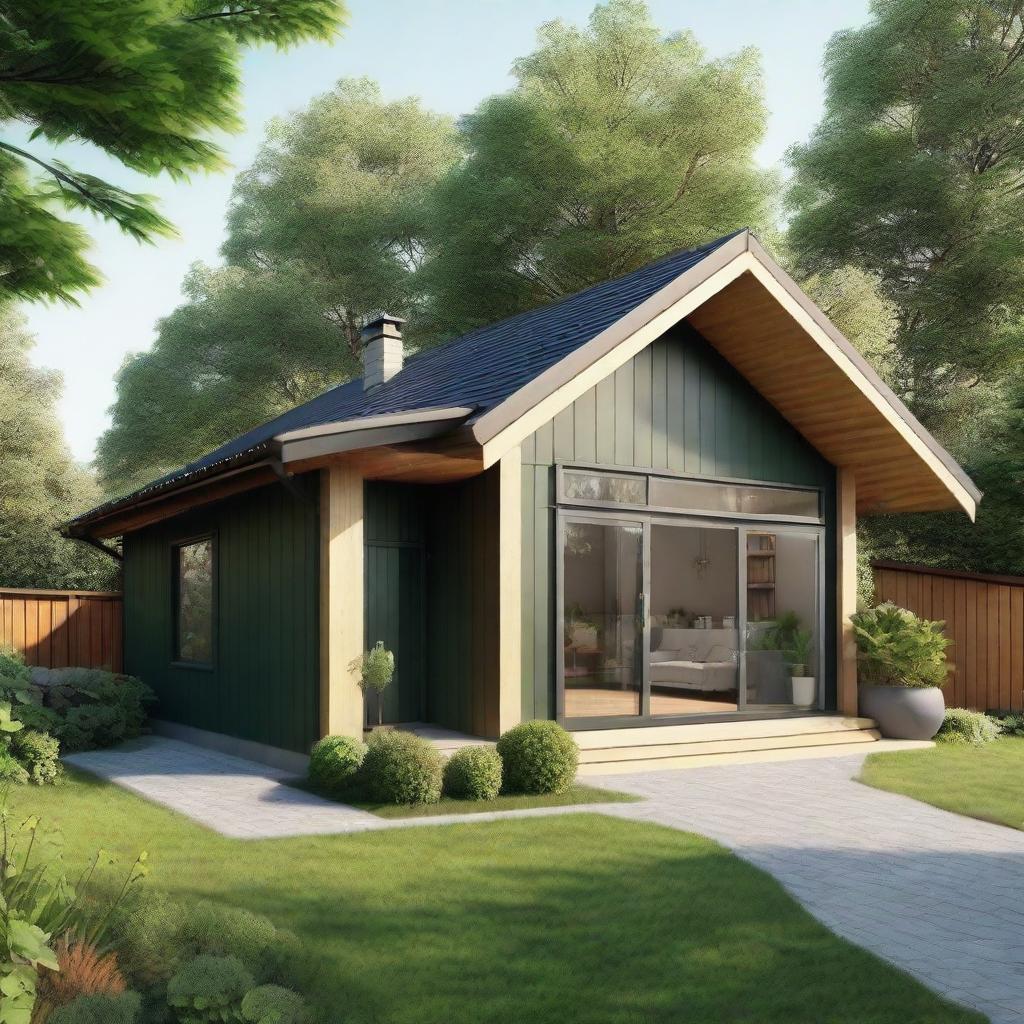 A single-story Scandinavian-style bungalow house with prefab designs featuring wood accents. The house is surrounded by a lush green garden.