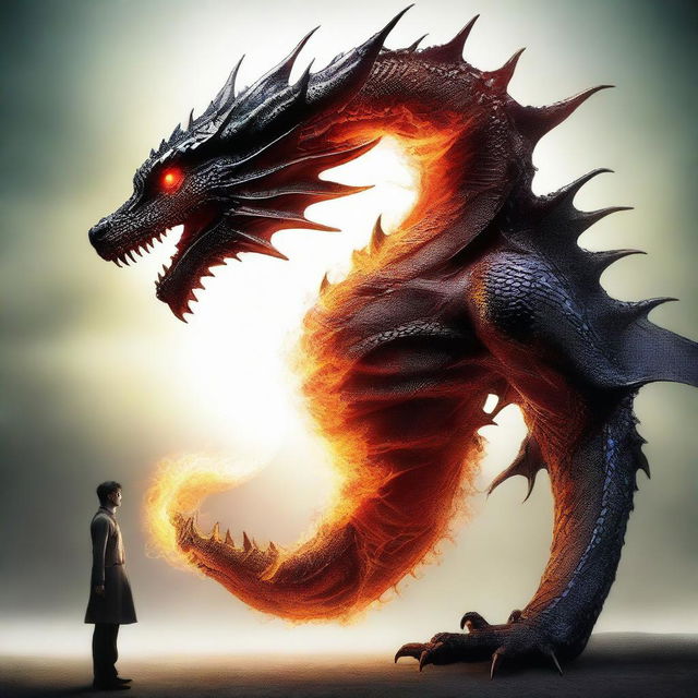 A thought-provoking representation of a genetic fusion between a human and a dragon, creating a being with characteristics of both.