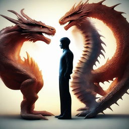 A thought-provoking representation of a genetic fusion between a human and a dragon, creating a being with characteristics of both.