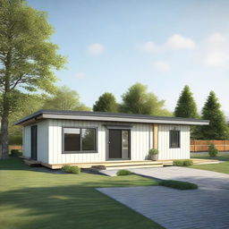 A realistic image of a single-story prefab bungalow house.