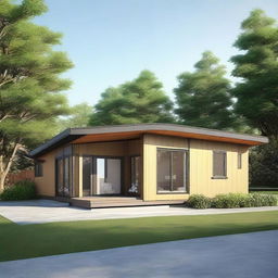 A realistic image of a single-story prefab bungalow house.