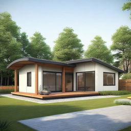 A realistic image of a single-story prefab bungalow house.