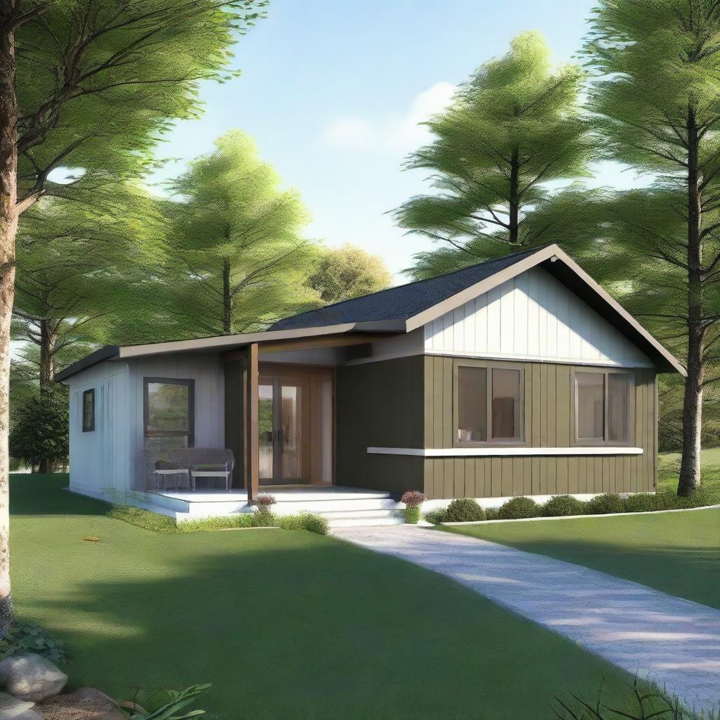 A realistic image of a single-story prefab bungalow house.