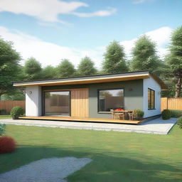 A realistic image of a single-story prefab bungalow house.