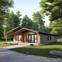 A realistic image of a single-story prefab bungalow house.