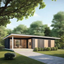 A realistic image of a single-story prefab bungalow house.