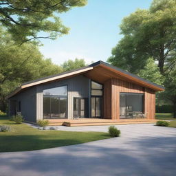 A realistic image of a single-story prefab bungalow house.