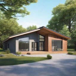 A realistic image of a single-story prefab bungalow house.