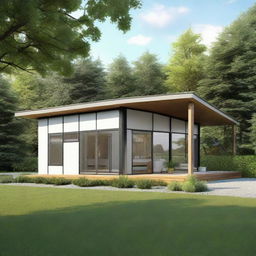 A realistic image of a single-story prefab bungalow house.