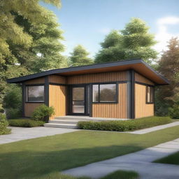 A realistic image of a single-story prefab bungalow house.