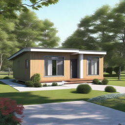 A realistic image of a single-story prefab bungalow house.