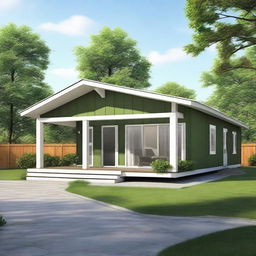 A realistic image of a single-story prefab bungalow house.