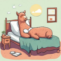 Create an amusing and heart-warming illustration of a man and an alpaca, both deeply asleep, sharing a cozy bed.