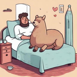 Create an amusing and heart-warming illustration of a man and an alpaca, both deeply asleep, sharing a cozy bed.