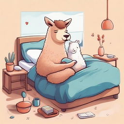 Create an amusing and heart-warming illustration of a man and an alpaca, both deeply asleep, sharing a cozy bed.