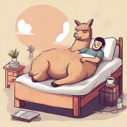 Create an amusing and heart-warming illustration of a man and an alpaca, both deeply asleep, sharing a cozy bed.