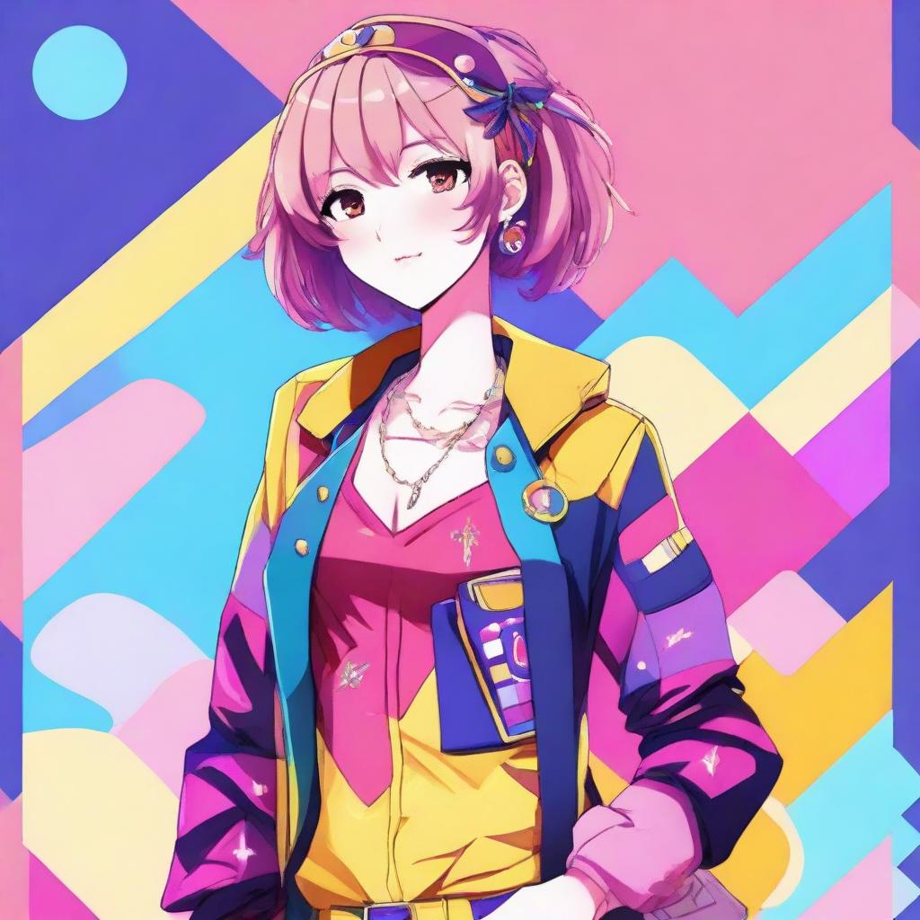 Anime style character that identifies as a femboy, dressed in stylish, age-appropriate clothing, with vibrant colors and fashionable designs.