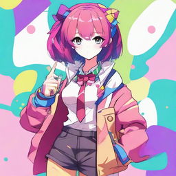 Anime style character that identifies as a femboy, dressed in stylish, age-appropriate clothing, with vibrant colors and fashionable designs.