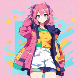 Anime style character that identifies as a femboy, dressed in stylish, age-appropriate clothing, with vibrant colors and fashionable designs.