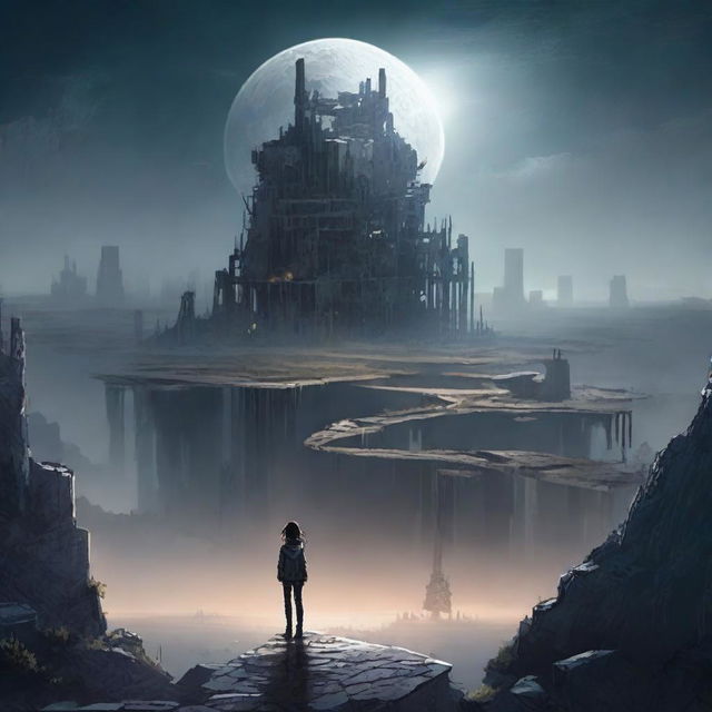 A teenage girl standing on a cliff, looking over a dystopian world of 2050, illuminated under the moonlight. The landscape is a blend of high-tech structures and decaying civilization, reflecting the stark contrast of the future world