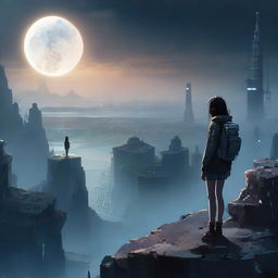 A teenage girl standing on a cliff, looking over a dystopian world of 2050, illuminated under the moonlight. The landscape is a blend of high-tech structures and decaying civilization, reflecting the stark contrast of the future world