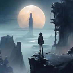 A teenage girl standing on a cliff, looking over a dystopian world of 2050, illuminated under the moonlight. The landscape is a blend of high-tech structures and decaying civilization, reflecting the stark contrast of the future world