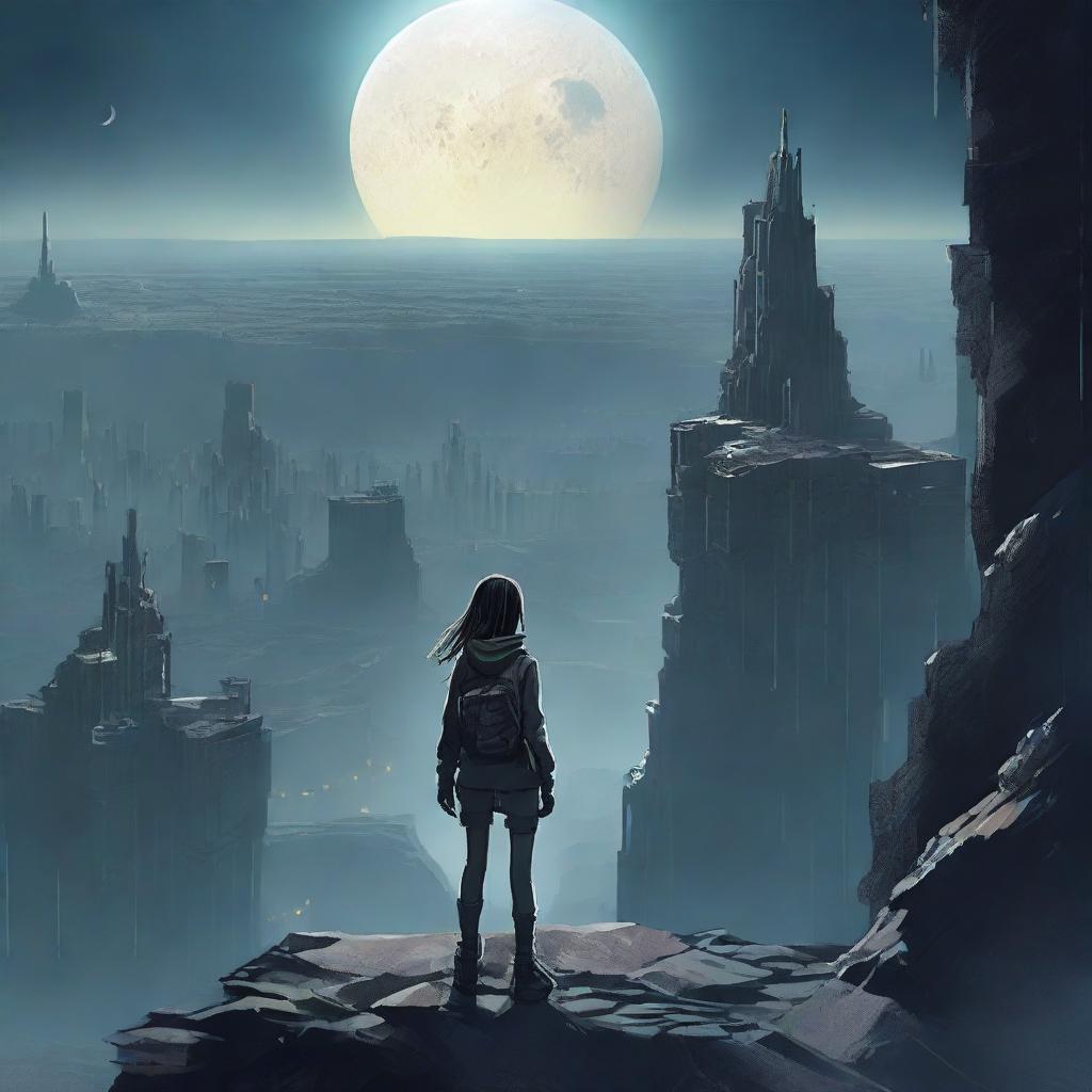 A teenage girl standing on a cliff, looking over a dystopian world of 2050, illuminated under the moonlight. The landscape is a blend of high-tech structures and decaying civilization, reflecting the stark contrast of the future world