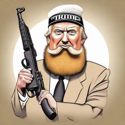 A caricature of Donald Trump sporting a Salafi-style beard, holding an AK rifle in a non-threatening manner, styled in a satirical, politically neutral way.