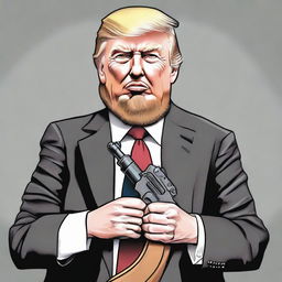 A caricature of Donald Trump sporting a Salafi-style beard, holding an AK rifle in a non-threatening manner, styled in a satirical, politically neutral way.