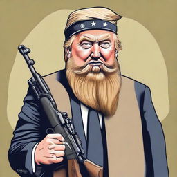 A caricature of Donald Trump sporting a Salafi-style beard, holding an AK rifle in a non-threatening manner, styled in a satirical, politically neutral way.