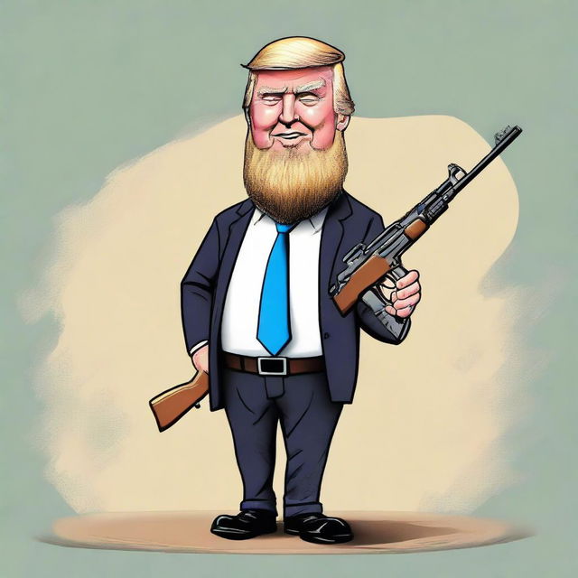 A caricature of Donald Trump sporting a Salafi-style beard, holding an AK rifle in a non-threatening manner, styled in a satirical, politically neutral way.