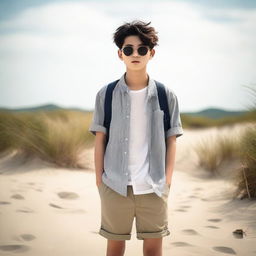 A fashionable Korean teenager wearing stylish shorts on a sandy beach. His confident posture reflects his casual comfort with the seashore environment.