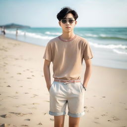 A fashionable Korean teenager wearing stylish shorts on a sandy beach. His confident posture reflects his casual comfort with the seashore environment.